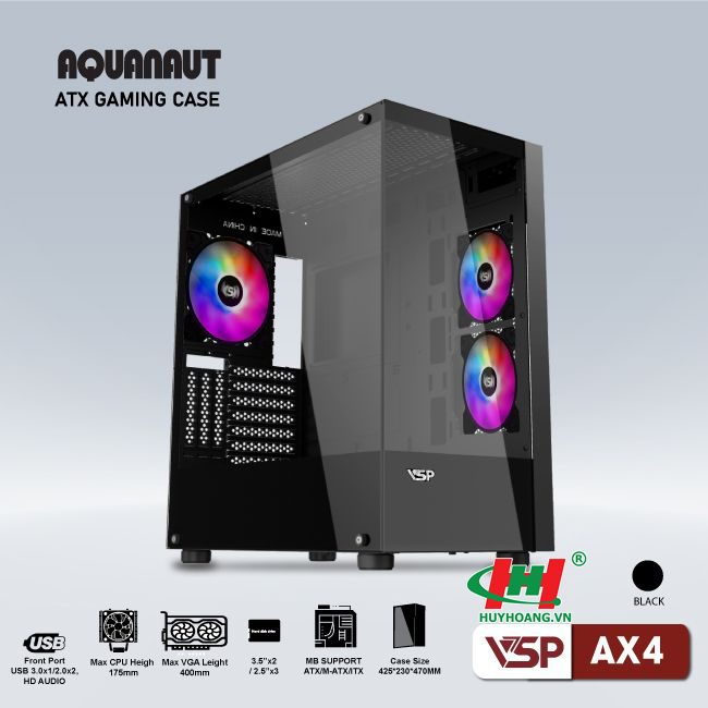 Thùng máy tính Case GAMING AQUANAUT VSP AX4 2 MẶT KÍNH - ĐEN