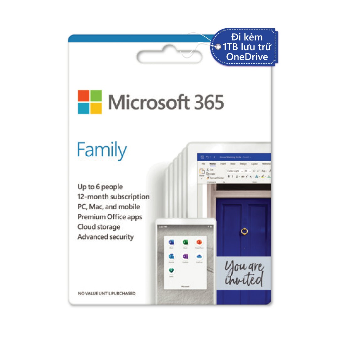 Phần mềm Office Microsoft 365 Family AllLng Sub PK Lic 1YR Online APAC EM C2R NR (Part : 6GQ-00083)  6 user / 30 thiết bị / oneDrive 6 TB