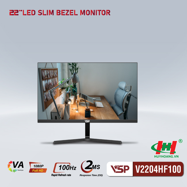 Màn hình VSP V2204HF100 - Đen - 21.5 inch,  Full HD,  VA,  100Hz,  2ms,  phẳng,  HDMI,  VGA